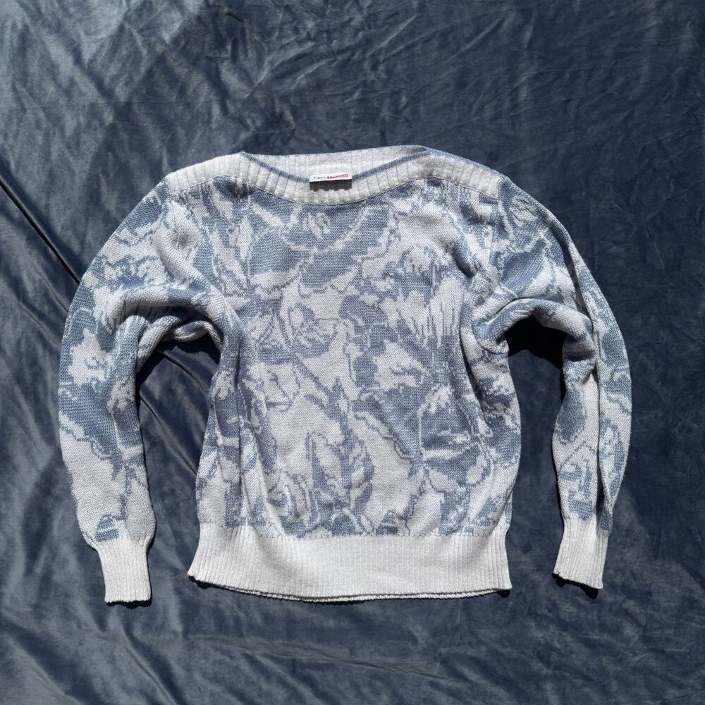 Miss Hudson Vintage Blue White Abstract Floral Knit Sweater Size S